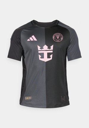 Schwarzes Trikot mit rosa Akzenten, einem Kronenlogo und dem Adidas-Logo. Aus leichtem Material gefertigt, hat es einen Rundhalsausschnitt und kurze Ärmel.
