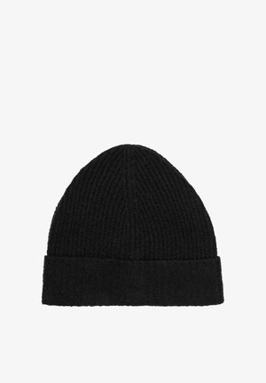 Black knitted beanie hat featuring a ribbed texture and a rolled cuff, with a subtle embossed logo on the front.
