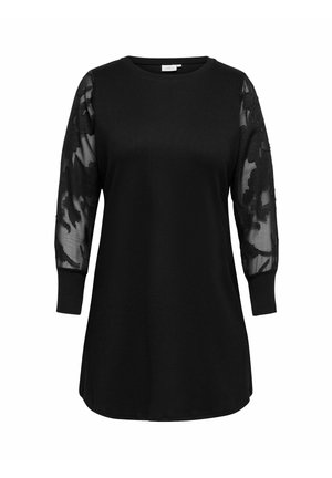 Robe noire à manches longues avec des manches en dentelle florale transparente et un corps en tissu uni, avec un col rond et des poignets ajustés.