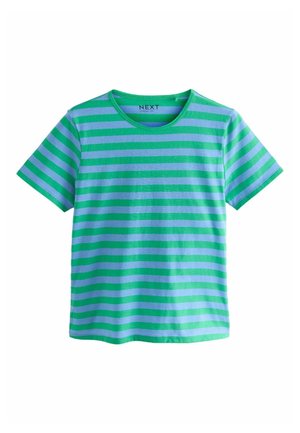 T-shirt à manches courtes avec col rond, à rayures horizontales vertes et bleu clair, posé à plat sur fond blanc.
