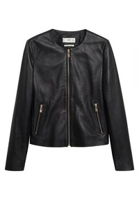 Zwarte leren jas met een ronde halslijn, rits aan de voorkant en twee zijzakken met rits; gladde textuur en aansluitend ontwerp.
