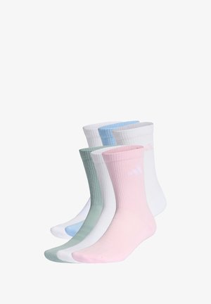 Zestaw skarpetek w jasnoróżowym, zielonym, białym i niebieskim kolorze. Żebrowany wzór z akcentami w kontrastowym kolorze u góry. Wykonane z miękkiego materiału.