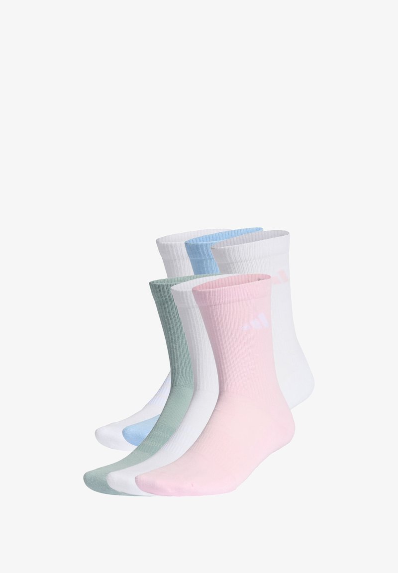 Pakiranje nogavic v svetlo roza, zeleni, beli in modri barvi. Žlebasta zasnova z kontrastnimi poudarki na vrhu. Izdelane iz mehkega blaga.