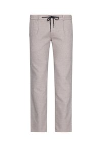 Hellgraue Hose aus weichem Stoff mit entspannter Passform. Eigenschaften: elastischer Bund, Kordelzug und zwei Fronttaschen. Glatte Textur.