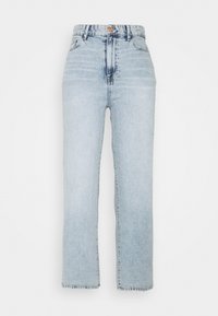 Lichtblauwe high-waisted denim jeans met een rechte pijp, voorzien van een knoopsluiting, vijf zakken en subtiele wassingdetails.