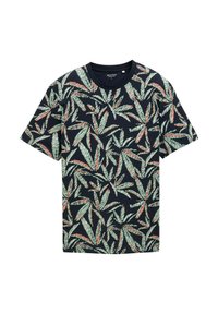 Korte mouwen t-shirt van katoen met een donker marineblauwe achtergrond en een groen en roze bladpatroon door het geheel. Ronde halslijn, relaxte pasvorm.