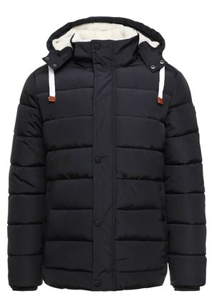 Veste d'hiver matelassée noire avec doublure polaire blanche dans la capuche, cordons blancs avec embouts marron, boutons-pression à l'avant et poches latérales.