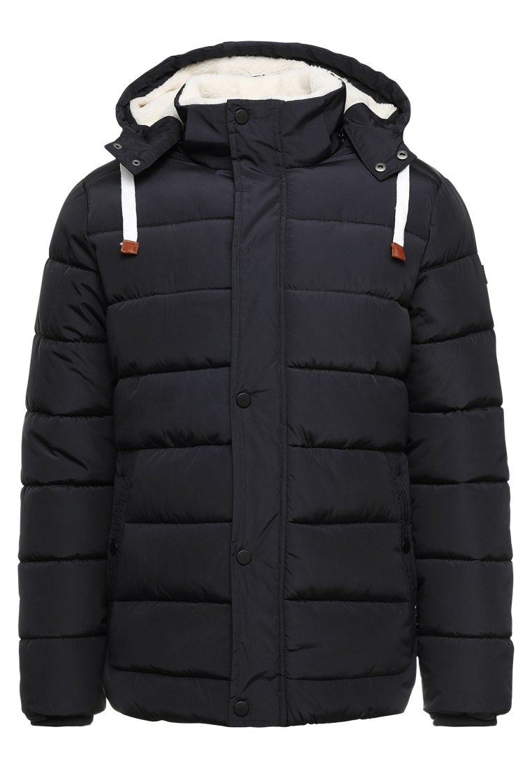 Veste d'hiver matelassée noire avec doublure polaire blanche dans la capuche, cordons blancs avec embouts marron, boutons-pression à l'avant et poches latérales.