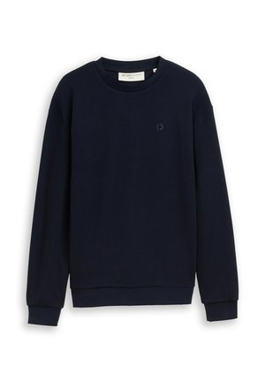 Sweat-shirt bleu marine à manches longues avec col rond, tissu texturé et petit logo sur le haut gauche de la poitrine.