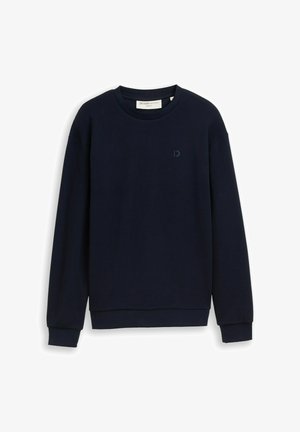 Sweat-shirt bleu marine à manches longues avec col rond, tissu texturé et petit logo sur le haut gauche de la poitrine.