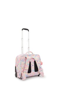 Rullande bagage i pastellfärger med blommönster. Utrustad med teleskophandtag, hjul och dekorativ pom-pom. Robust tygmaterial.