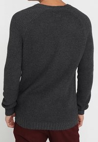 Mann, der einen dunkelgrauen, gestrickten Langarmpullover von hinten trägt, kombiniert mit dunkelroten Hosen.