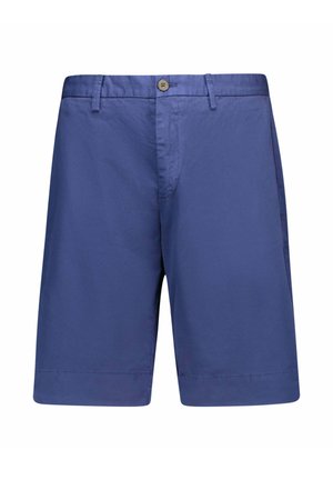 Shorts en coton bleu marine de longueur intermédiaire avec fermeture à bouton, passants de ceinture et poches latérales, présentés sur un fond blanc.