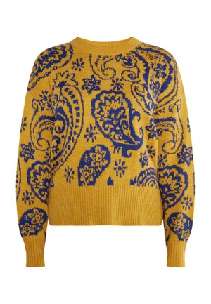 Mustáros sárga pulóver kék paisley mintával, bordázott széllel és mandzsettával, kerek nyakkivágással és laza fazonnal.