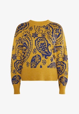 Suéter mostaza con patrón de paisley azul, dobladillo y puños acanalados, cuello redondo y diseño holgado.