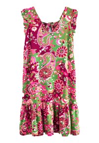 Vestido floral con brillantes patrones de paisley en rosa y verde, mangas con volantes, espalda descubierta con un lazo y dobladillo con volantes.