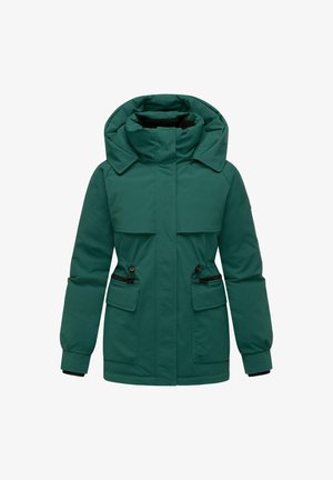 Zöld szigetelt parkas nagy kapucnival, két elülső zsebbel, cipzáras mellzsebekkel és kontrasztos fekete bélés belsejében.