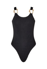 Maillot de bain une pièce noir avec un design en ribbed texturé. Doté de bretelles tressées avec des accents en métal doré sur les épaules.