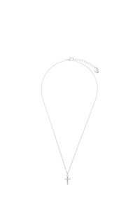 Zilveren kruis hangerketting op een dunne ketting, met een sluiting en een verlengkette voor verstelbare lengte. Eenvoudig, minimalistisch ontwerp.