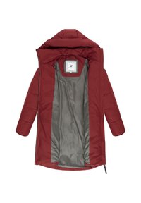 Manteau matelassé bourgogne avec une capuche, doté d'une doublure en satin gris et d'une fermeture éclair. Les manches sont effilées avec un design matelassé.