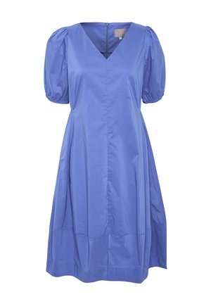 Rochie bleu cu mâneci bufante dintr-un material ușor, cu decolteu în V și fermoar la spate, având o formă A-line lejer ă și o textură netedă.