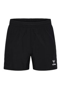 Schwarze Sportshorts aus leichtem Stoff, mit einem elastischen Bund und einem kleinen Logo auf der unteren rechten Seite.