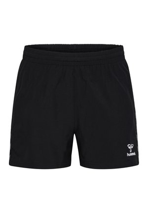 Black athletic shorts made of lightweight fabric, featuring an elastic waistband and a small logo on the lower right side.