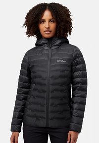 Black, hooded puffer jacket featuring quilted texture, a front zipper, and logo detail on the left chest. Lightweight, warm design.