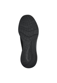 Semelle de chaussure en caoutchouc noir présentant un motif texturé de carrés et de lignes, conçu pour l'adhérence et la traction, avec des bords définis.