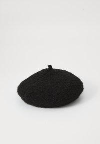 Schwarze Baskenmütze aus strukturiertem Stoff, runde Form mit einem kleinen Knopf oben, verfügt über eine weiche, flauschige Oberfläche.