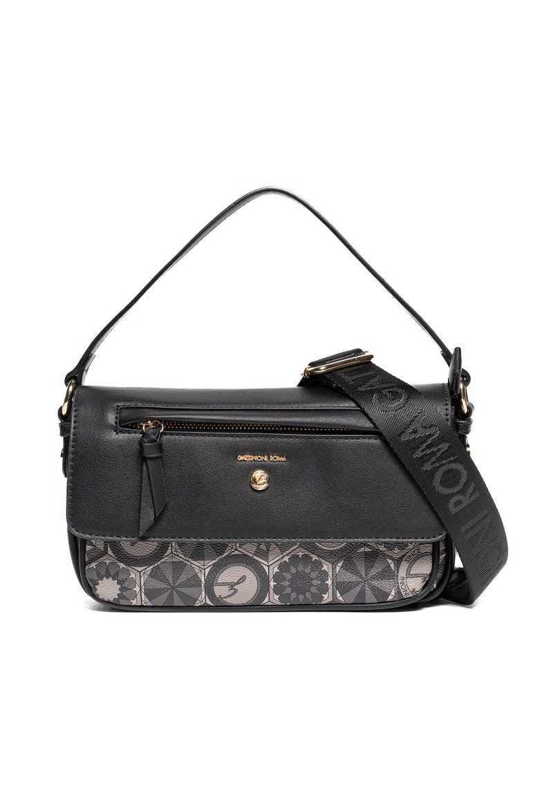 Borsa a mano in pelle nera con fondo decorativo grigio a motivo, dotata di tasca con cerniera, accessori in oro e tracolla in tessuto con scritta "ROMA".