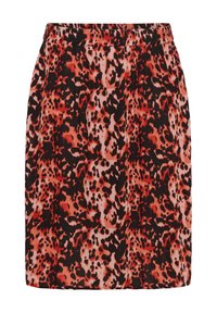 Jupe avec un motif léopard noir, rouge et orange. Taille élastique et tissu léger au toucher doux.