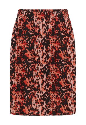 Rok met een zwart, rood en oranje luipaardprint patroon. Rekbare tailleband en lichte stof met een gladde textuur.