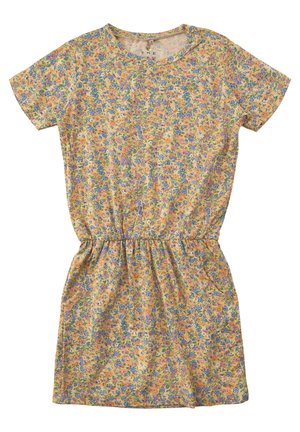 Sukienka w kwiaty z krótkimi rękawami, elastyczną talią i żółtym tłem. Posiada niebieskie i różowe kwiaty, miękki materiał oraz casualowy design.