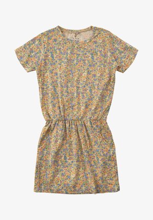 Vestito floreale con maniche corte, vita elastica e sfondo giallo. Presenta fiori blu e rosa, tessuto morbido e design casual.