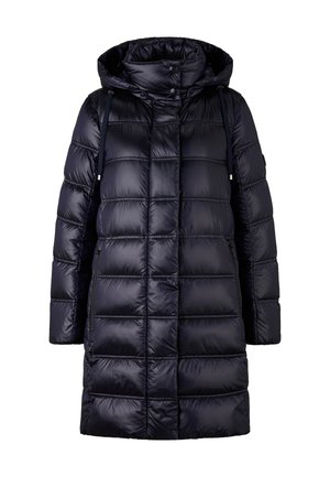 Puffer-Jacke in dunkelmarine, mit Kapuze, gesteppten Paneelen, seitlichen Taschen und glänzender Textur. Mittellange Silhouette für Wärme.