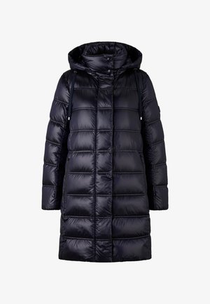 Puffer-Jacke in dunkelmarine, mit Kapuze, gesteppten Paneelen, seitlichen Taschen und glänzender Textur. Mittellange Silhouette für Wärme.