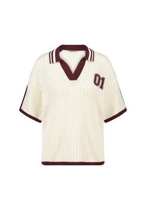 Maglione lavorato a maglia a maniche corte color crema con scollatura a V profonda. Colletto e maniche a righe bordeaux, con un ricamo "01" sul petto.