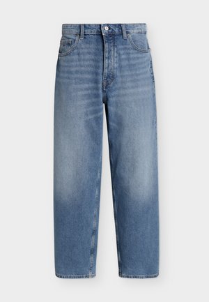 Light blue straight-leg jeans with front button and zipper closure, front and back pockets, and subtle fading on thighs.