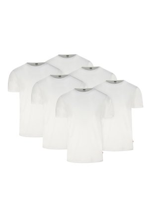 Sechs schlichte, weiße T-Shirts mit kurzen Ärmeln und Rundhalsausschnitt, in zwei Reihen auf weißem Hintergrund angeordnet.