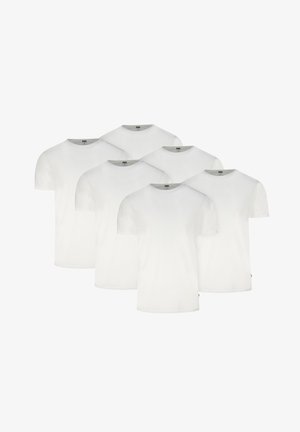 Sechs schlichte, weiße T-Shirts mit kurzen Ärmeln und Rundhalsausschnitt, in zwei Reihen auf weißem Hintergrund angeordnet.