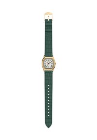 Uhr mit grünem Krokodilmuster-Lederarmband, goldfarbigem achteckigem Gehäuse, weißem Zifferblatt und schwarzen römischen Ziffern. Schnallenverschluss am Armband.