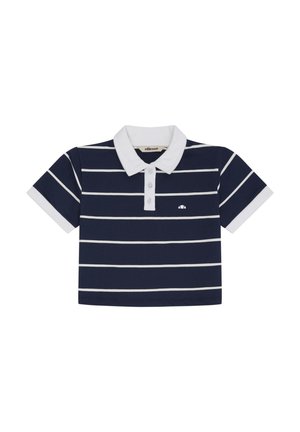 Polo bleu marine à manches courtes avec des rayures horizontales blanches, col blanc, patte de boutonnage et petit logo sur la poitrine.