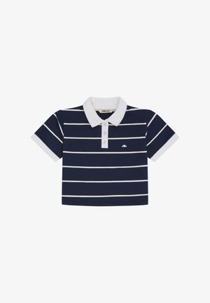 Polo bleu marine à manches courtes avec des rayures horizontales blanches, col blanc, patte de boutonnage et petit logo sur la poitrine.