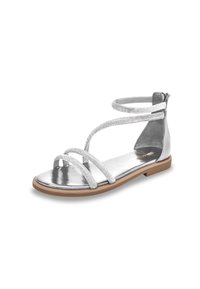 Sandaletta argentata con suola piatta, caratterizzata da numerose cinghie incrociate adornate con piccole perline metalliche. Parte superiore testurizzata e zip sul retro.