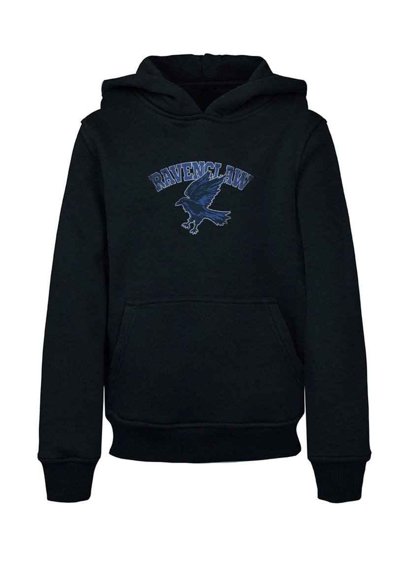 Sudadera negra con bolsillo frontal y puños acanalados. El diseño incluye el texto "Ravenclaw" y una ilustración de un cuervo azul.