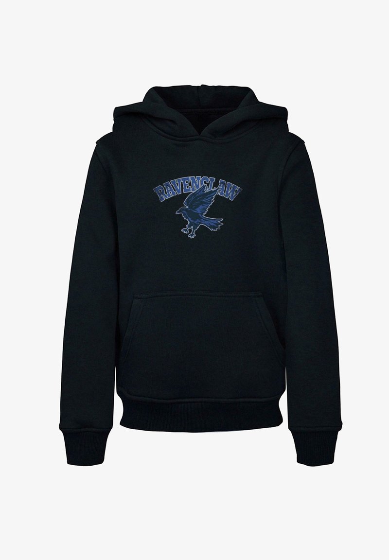 Mustat hupparit, joissa on etutasku ja ribbikangasristikkokädet. Suunnittelussa on "Ravenclaw"-teksti ja sinisen korpin kuva.