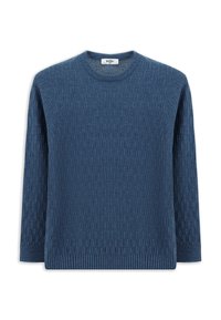 Niebieski sweter dziergany z fakturą, z okrągłym dekoltem oraz ściągaczami na mankietach i u dołu. Wykonany z miękkiego materiału, odpowiedni do codziennego noszenia.