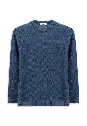 Blauer gestrickter Pullover mit strukturiertem Muster, rundem Ausschnitt sowie gerippten Bündchen und Saum. Hergestellt aus weichem Material, geeignet für den Freizeitgebrauch.