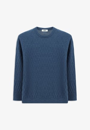 Blauer gestrickter Pullover mit strukturiertem Muster, rundem Ausschnitt sowie gerippten Bündchen und Saum. Hergestellt aus weichem Material, geeignet für den Freizeitgebrauch.